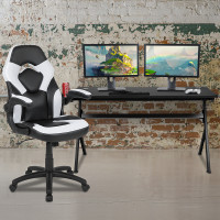 Flash Furniture BLN-X10D1904L-WH-GG Gaming Desk and White/Black Racing Chair Set /Cup Holder/Headphone Hook/Removable Mouse Pad Top - 2 Wire Management Holes